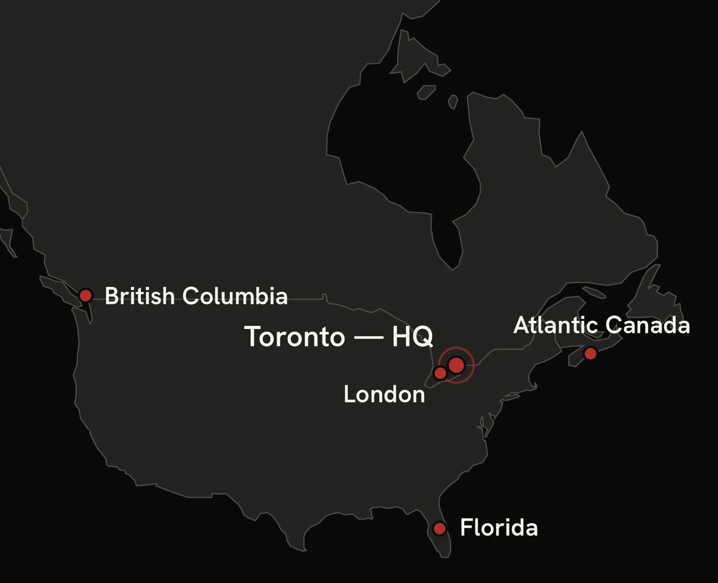 Map of North America marking British Columbia, Toronto headquarters, London, Atlantic Canada and Florida