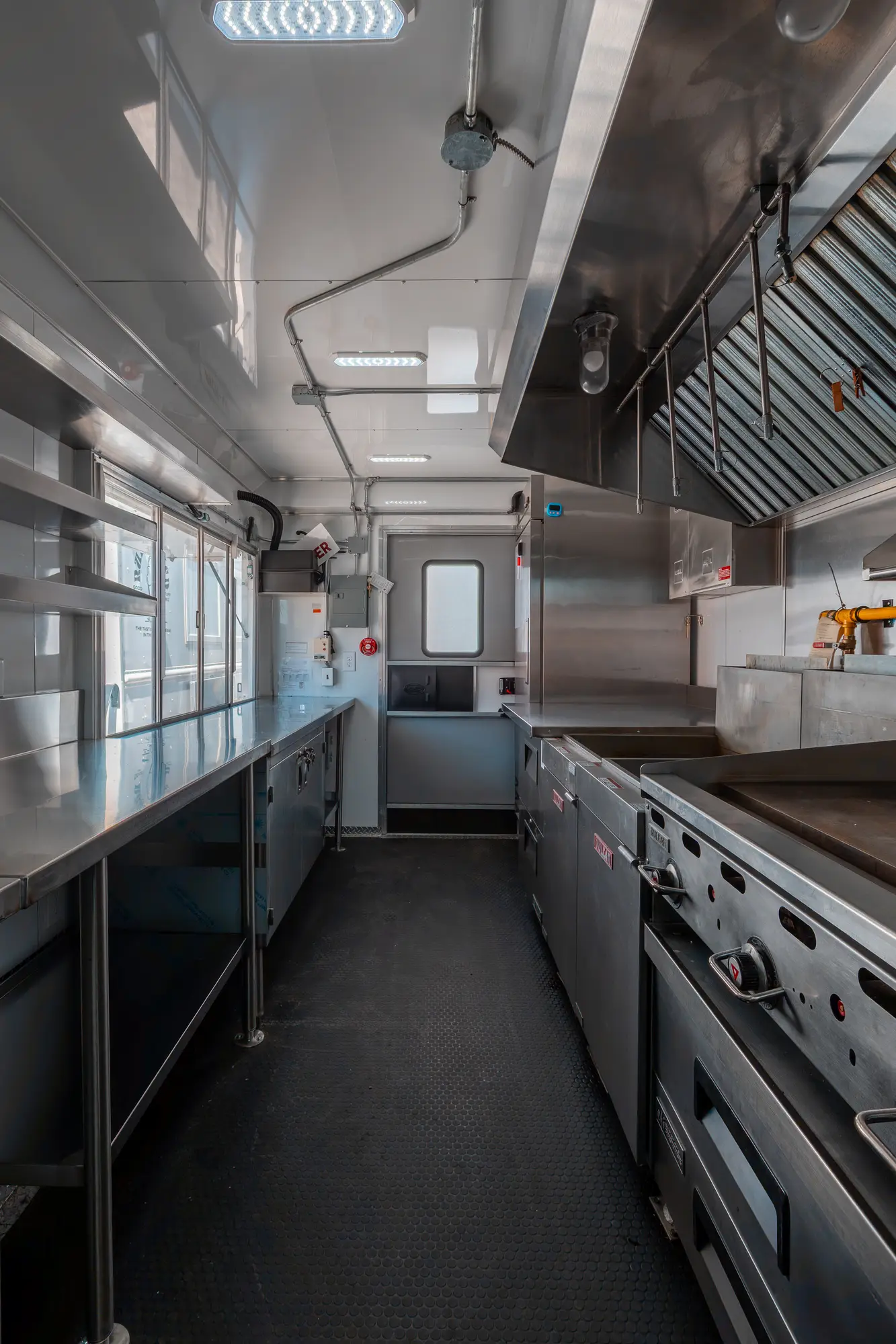 equipment and counters inside the mobile kitchen trailer
