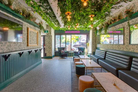 Daisy bar with green seating and planted ceiling