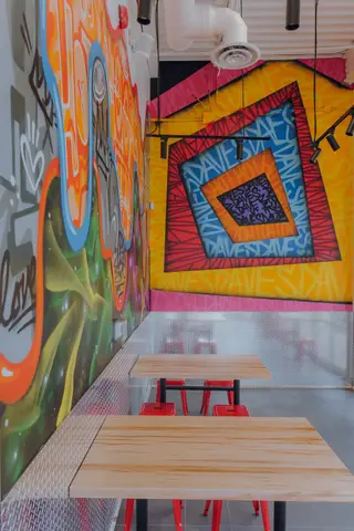close view of the mural's painted linework