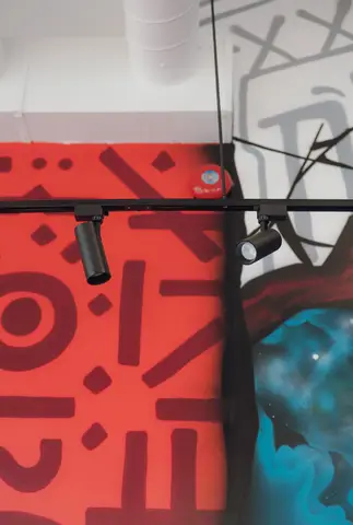 track lighting aimed across the painted mural