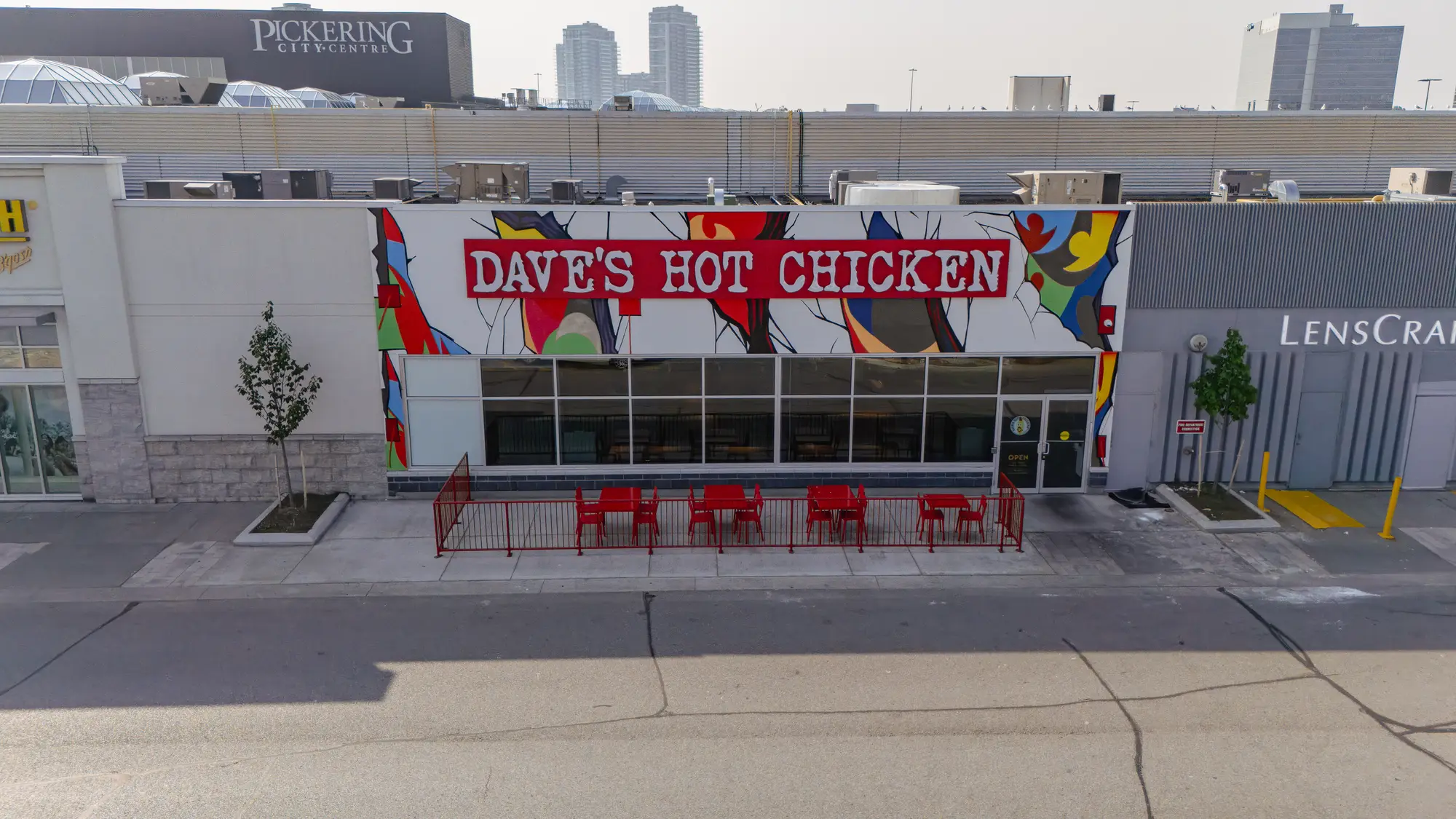 Dave's Hot Chicken Pickering exterior with signage and patio seating