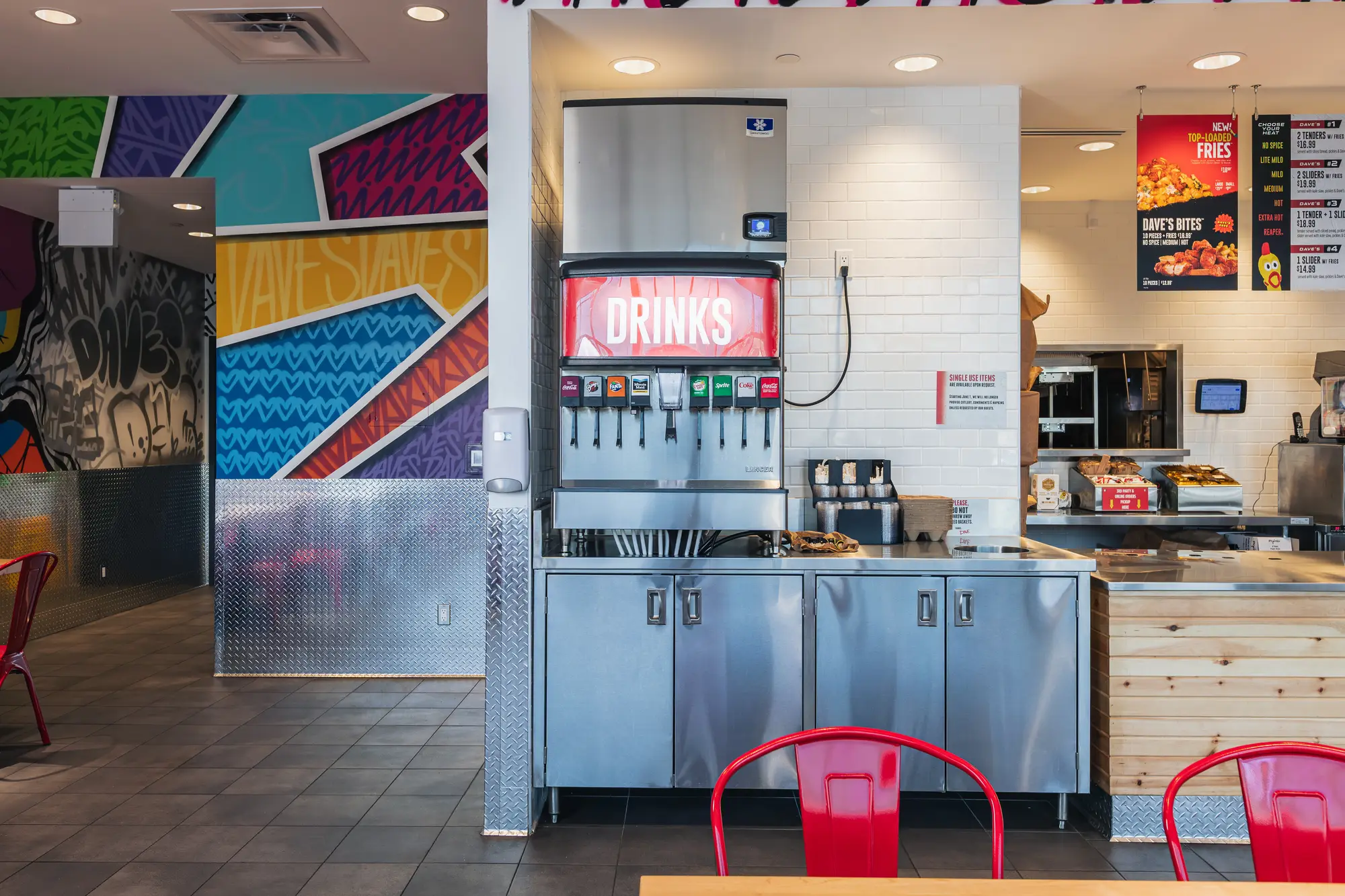 Stainless beverage station at Dave's Hot Chicken Pickering