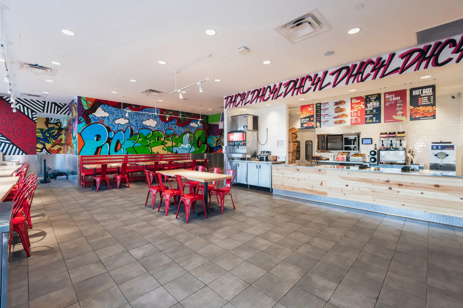 Dave's Hot Chicken Pickering finished restaurant interior and equipment area