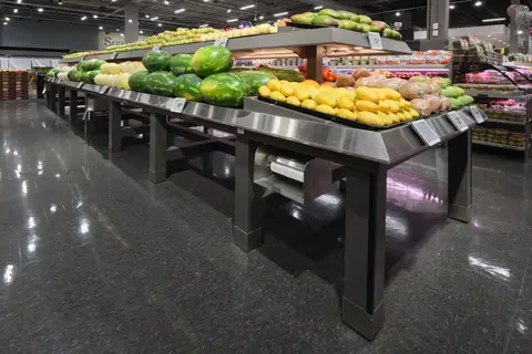 stainless produce display islands down the produce aisle