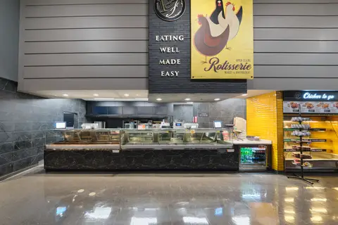 rotisserie counter with hot holding and chicken-to-go shelving