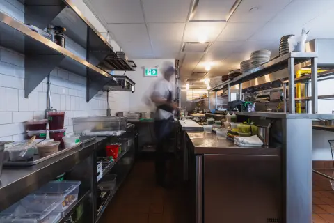 N.L. Ginzburg kitchen with prep line and shelving