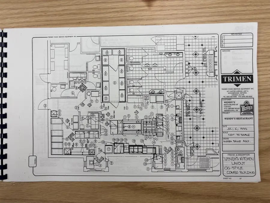 Hand-drawn Wendy's kitchen equipment layout from 1995