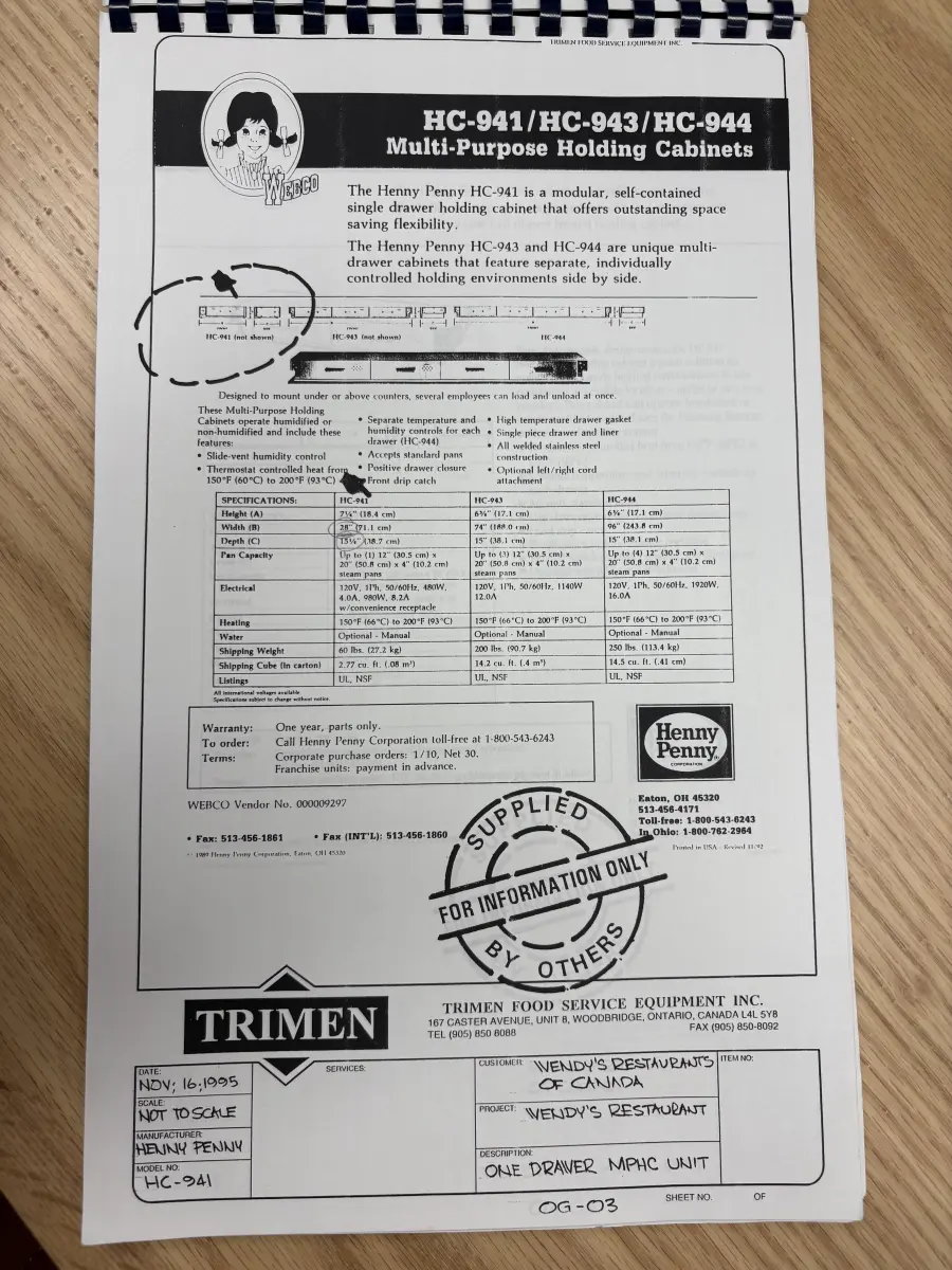 Wendy's Henny Penny equipment specification sheet from 1995