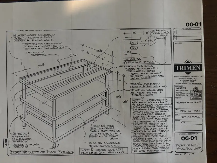 Wendy's OG-01 stainless counter shop drawing from 1995