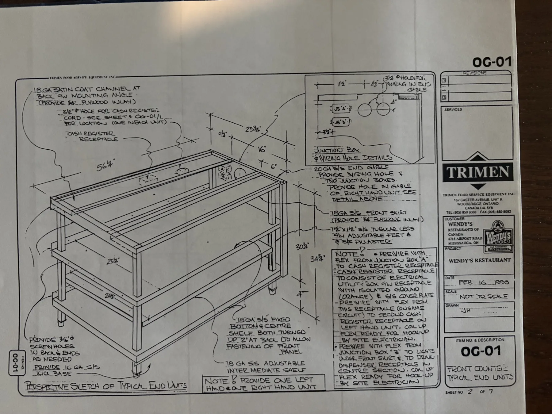 Wendy's stainless counter fabrication drawing from 1995